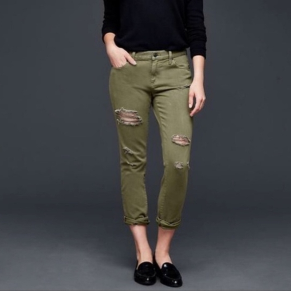 Gap girlfriend distressed cotton army olive green mid rise jeans sz 30 R - Picture 2 of 13